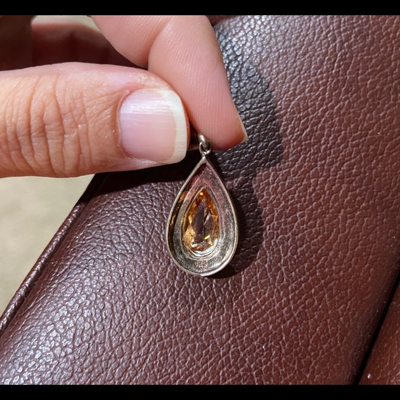 Vintage 925 Sterling Silver Marcasite Peach Gemstone Pendent 1 3/8” - Picture 4 of 5